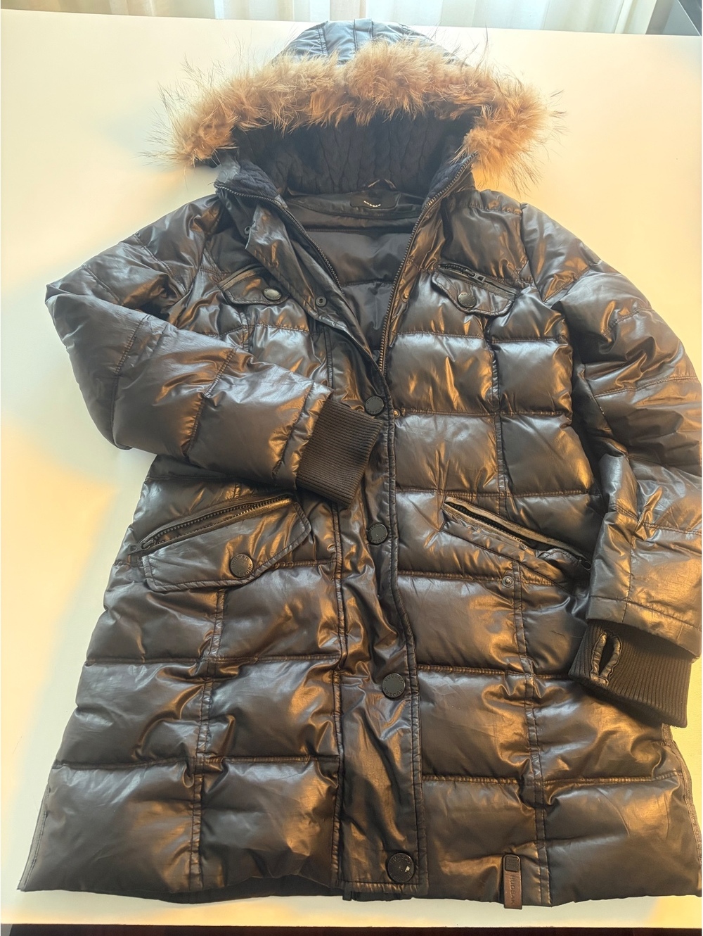 Rudsak Black Puffer Coat with real Fur Trim Hood and Belt